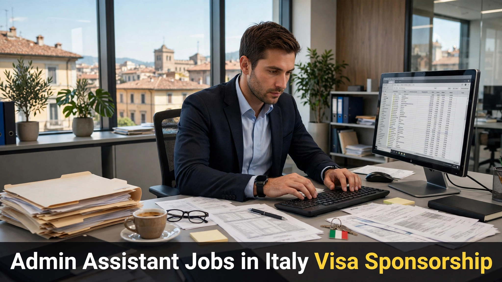 Admin Assistant Jobs in Italy male admin assistant working at a computer in a modern Italian office.