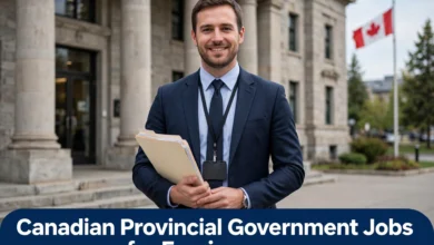 Canadian Provincial Government Jobs for Foreigners male government clerk holding documents in front of a provincial government building with Canadian flag.