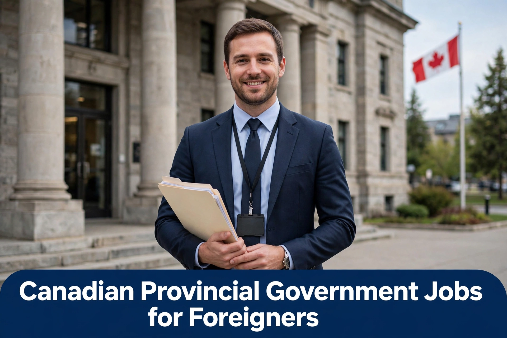 Canadian Provincial Government Jobs for Foreigners male government clerk holding documents in front of a provincial government building with Canadian flag.
