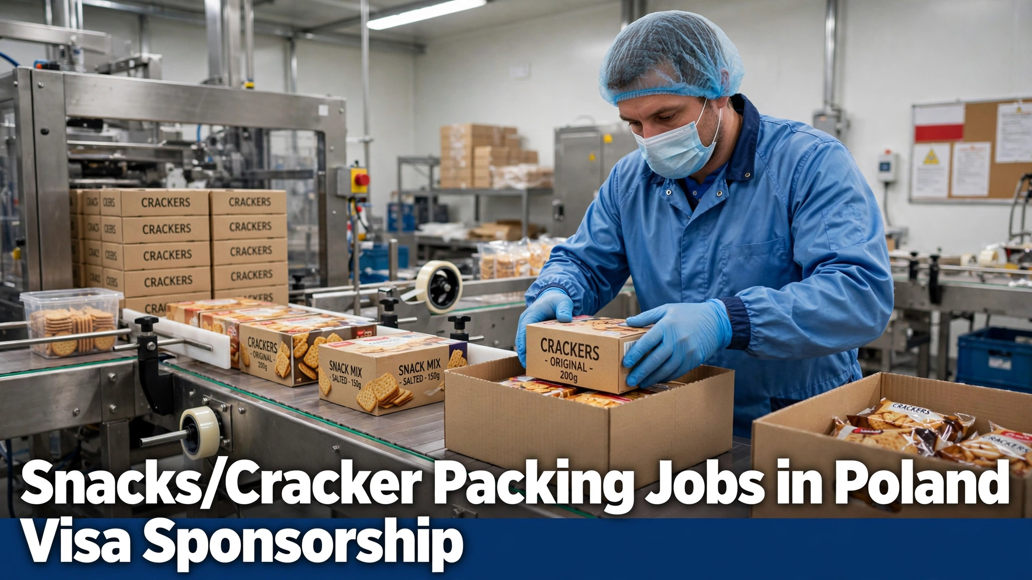 Snacks Cracker Packing Jobs in Poland male packing worker packing cracker boxes on a factory line.