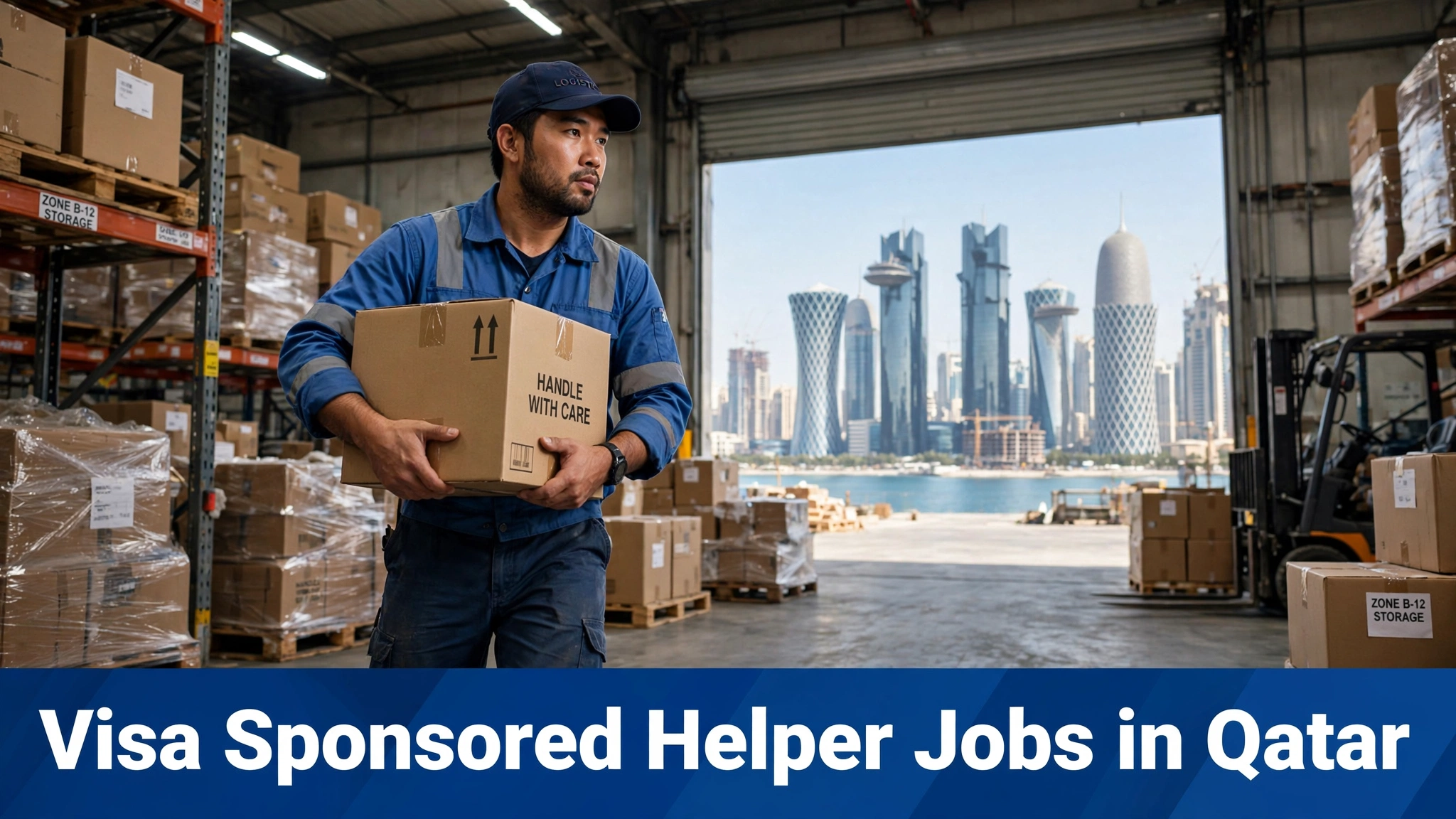 Visa Sponsored Helper Jobs in Qatar male warehouse helper carrying a carton with Doha skyline in background.